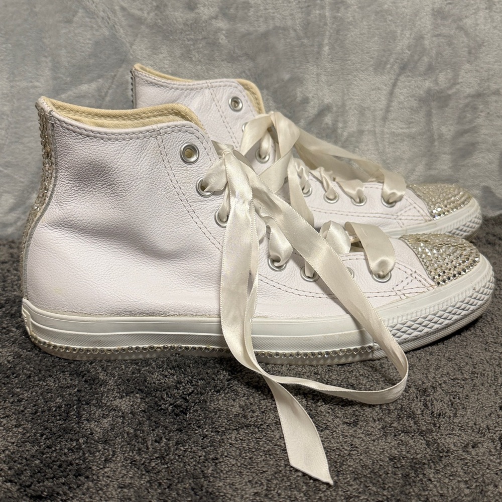 Custom White Converse High Tops Swarovski Crystal Encrusted Women’s 9 - Picture 3 of 8
